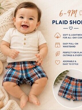 Carter’s Plaid Shorts 6M Baby Boy | Cotton Pull-On Shorts | Blue Coral Plaid